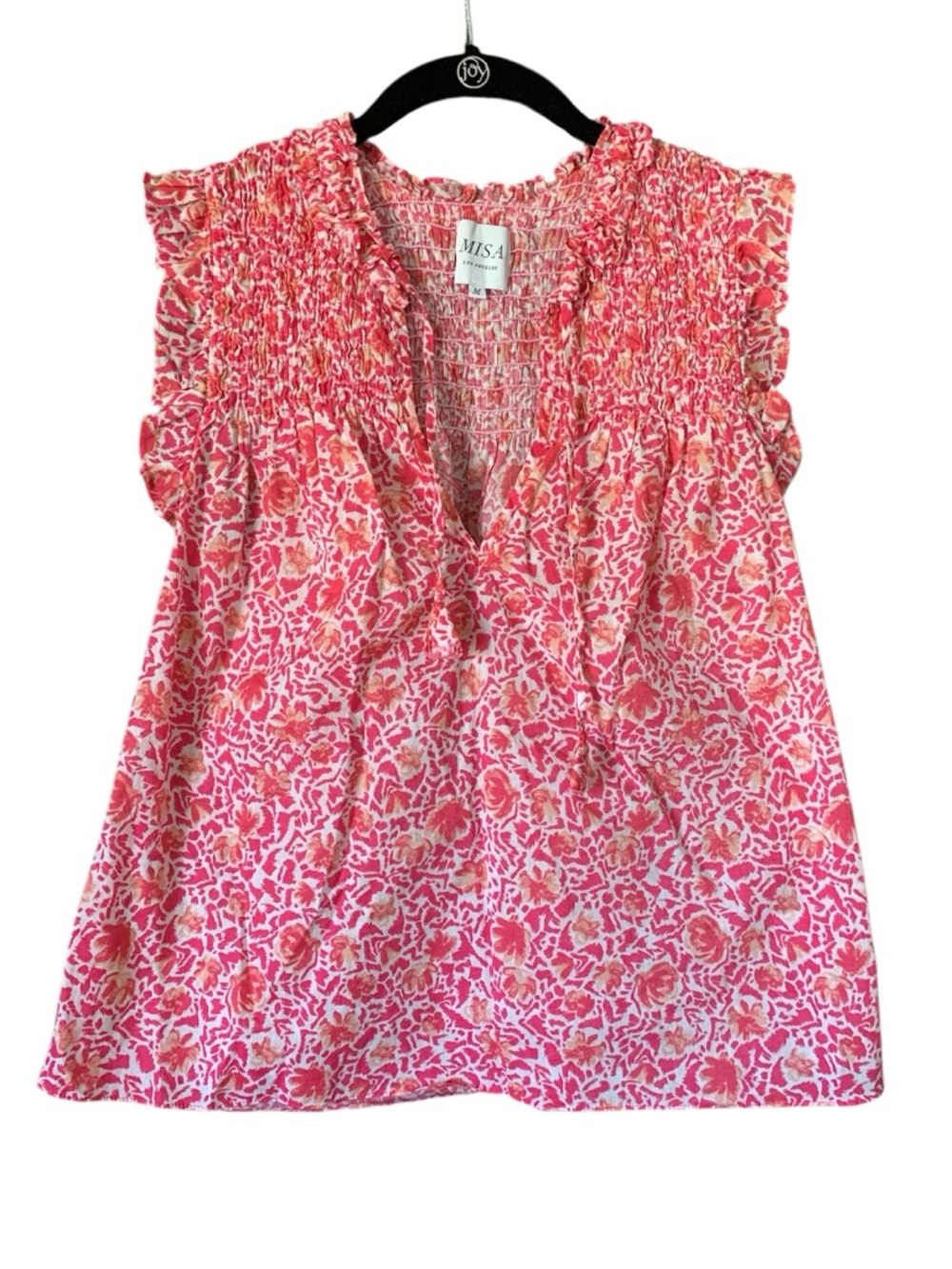 Misa Los Angeles Pink & White Floral Smocked Ruffle Top